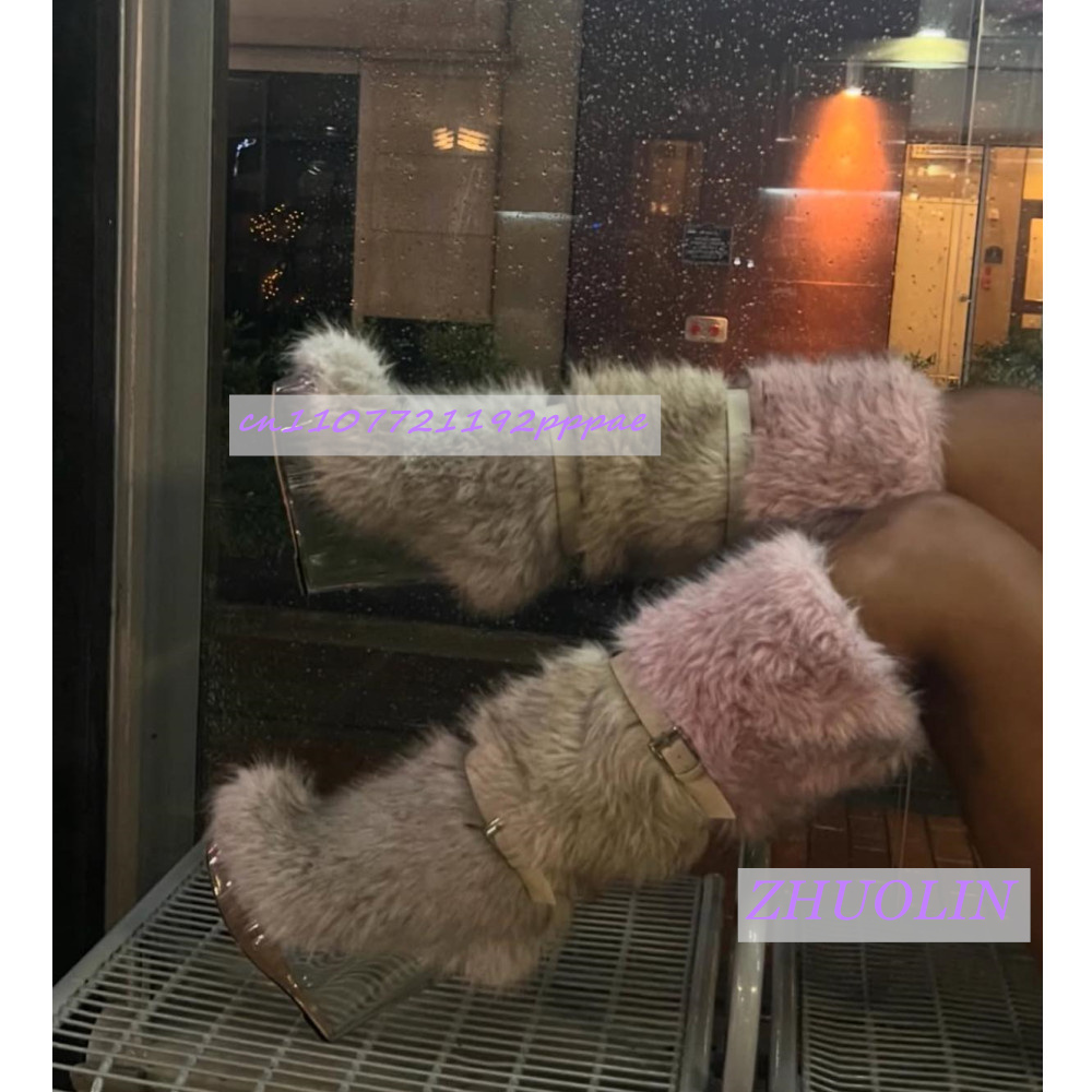 Winter Fashion Women Boots - Inverno gradiente peludo transparente cunha botas