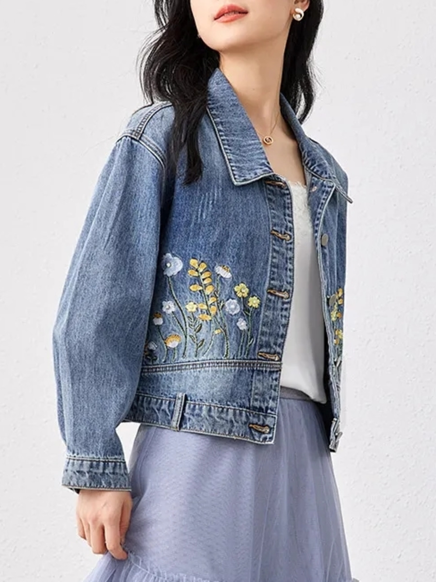 Women Fashion Jeans Top - Jaqueta curta jeans bordada floral para