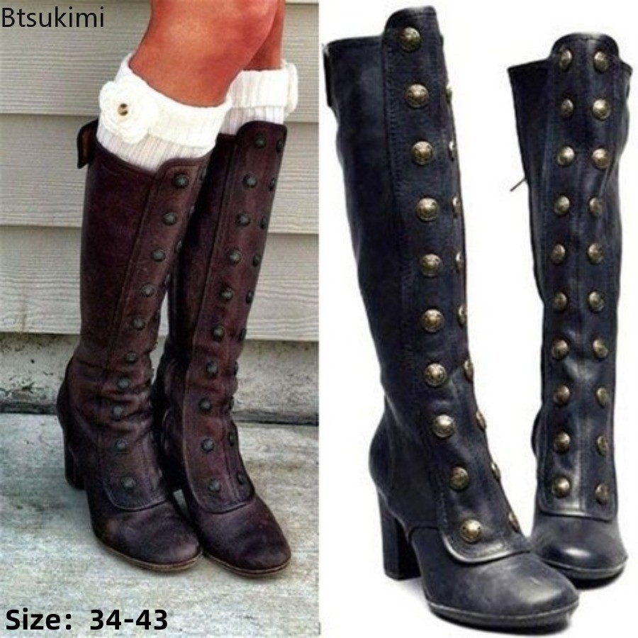 Winter Fashion Women Boots - Botas Retrô Pretas com Rebites e