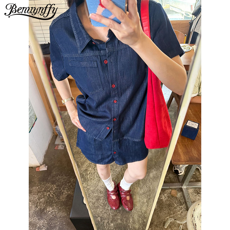 Women Fashion Jeans Top - Camisa Jeans Feminina Retrô de Manga