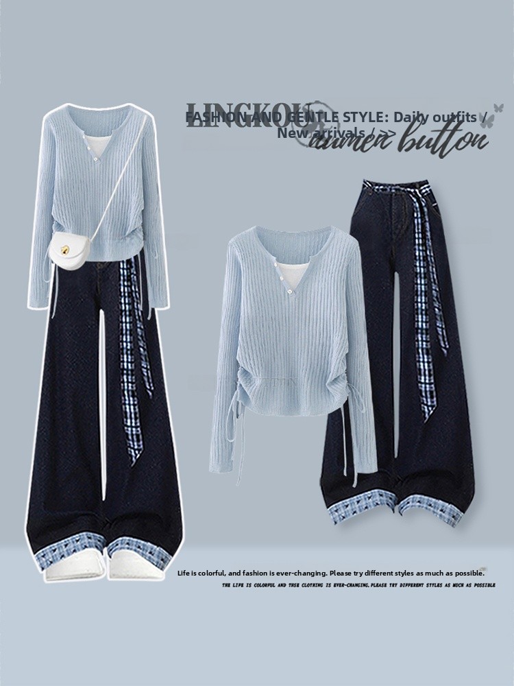 Women Fashion Jeans Top - Conjunto de duas peças para mulheres,
