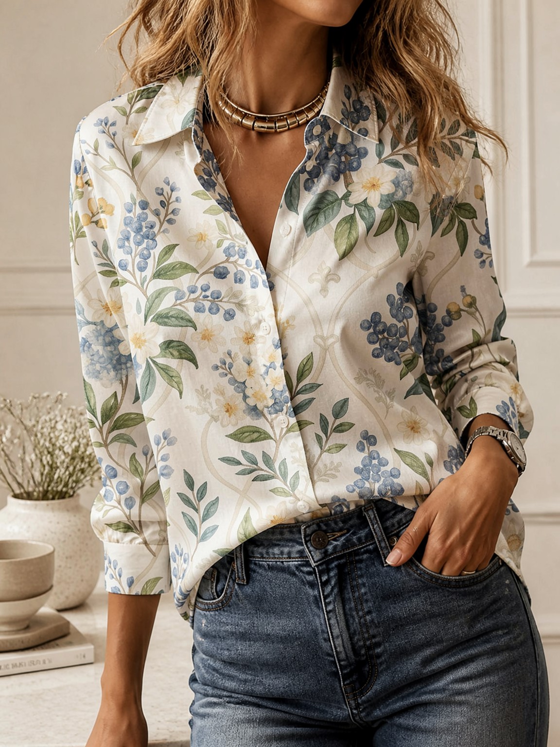 Blusa Casual com Gola, Manga L - Women Fashion Blouse avaliação e preço