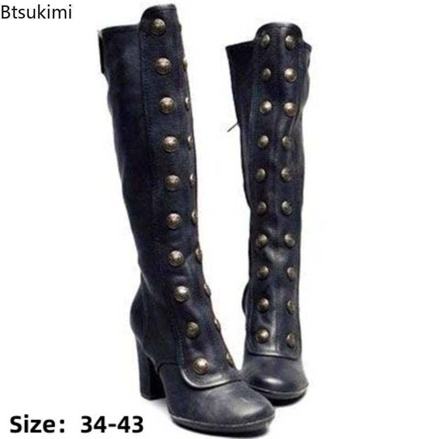 Botas Retrô Pretas com Rebites - Winter Fashion Women Boots avaliação e preço